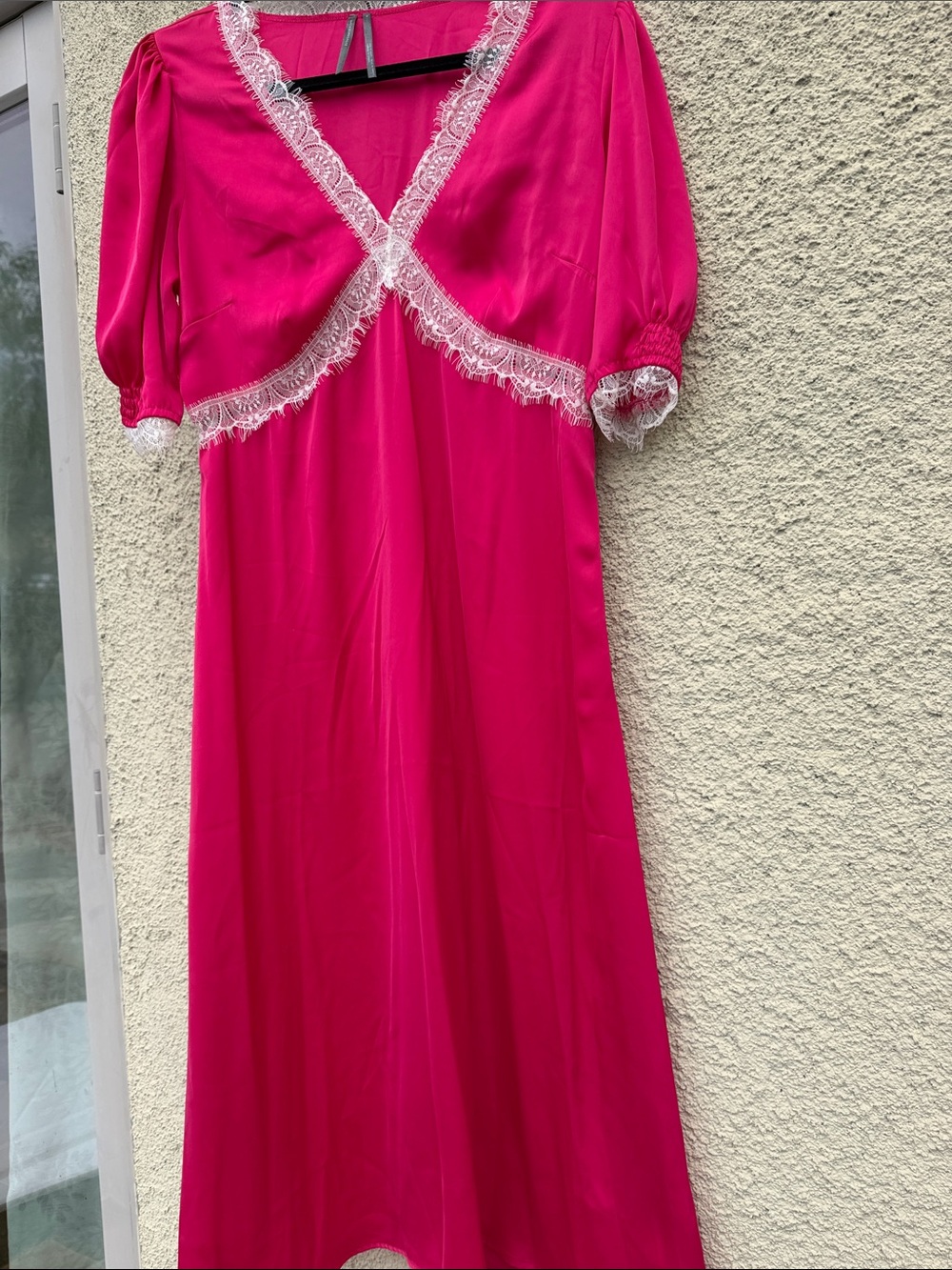 Anthropologie Fuchsia Lace Trim Midi Dress NWOT Puff Sleeve Pink